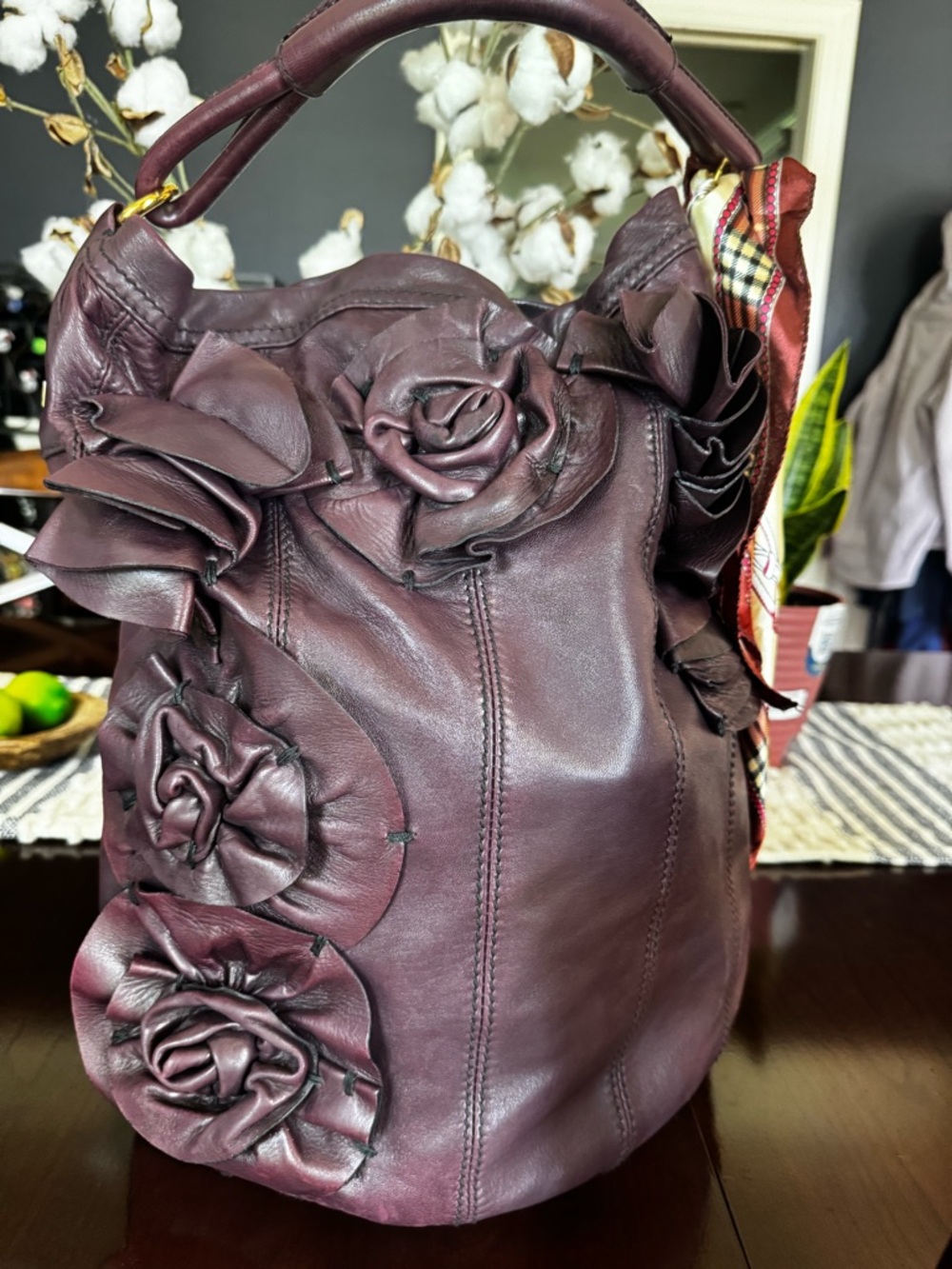Authentic Valentino Garavani Wine Leather Rosette Hobo Bag w/ Scarf - Picture 3 of 16